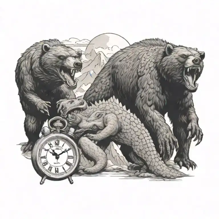 A bear and alligator engaged in a fierce battle, surrounded by mountains and clocks tattoo design idea