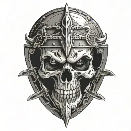 A skull with crossed swords and a .50 caliber bullet in its eye socket tattoo design idea