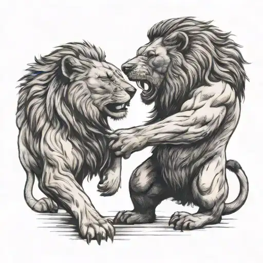 A lion and bear facing off in a dramatic showdown, with scars and battle wounds to show their history of fighting tattoo design idea