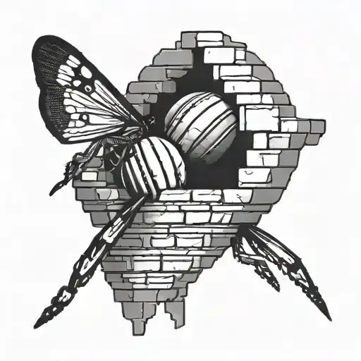 A cricket ball breaking through a brick wall symbolizing overcoming obstacles tattoo design idea