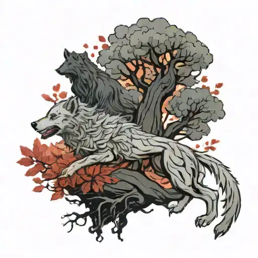game of thrones weirwood tree with red leaves blowing and a dire wolf tattoo design idea