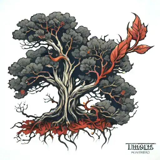 game of thrones weirwood tree with red leaves blowing  tattoo design idea