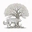 Game of thrones weirwood tree with a dire wolf tattoo design idea