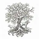 Game of thrones weirwood tree with a dire wolf tattoo design idea