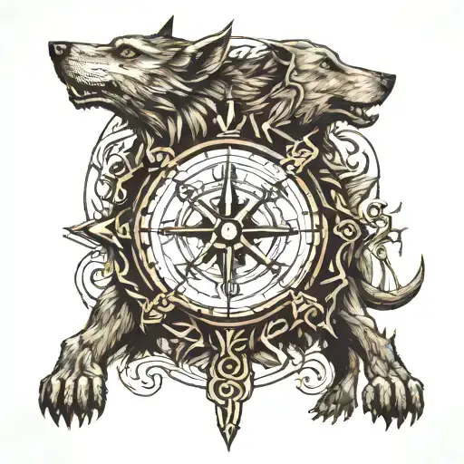 viking compass with fenrir and runes about betrayal and love  tattoo design idea