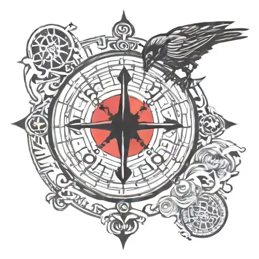 viking compass with runes about family with a raven around the compass tattoo design idea