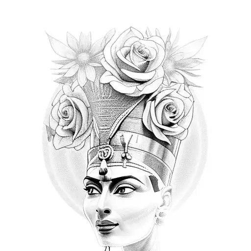 nefertiti with a red rising sun behind her and flowers around tattoo design idea