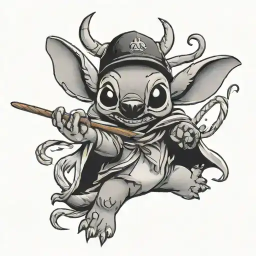 stitch with harry potter scarf and wand casting a spell tattoo design idea
