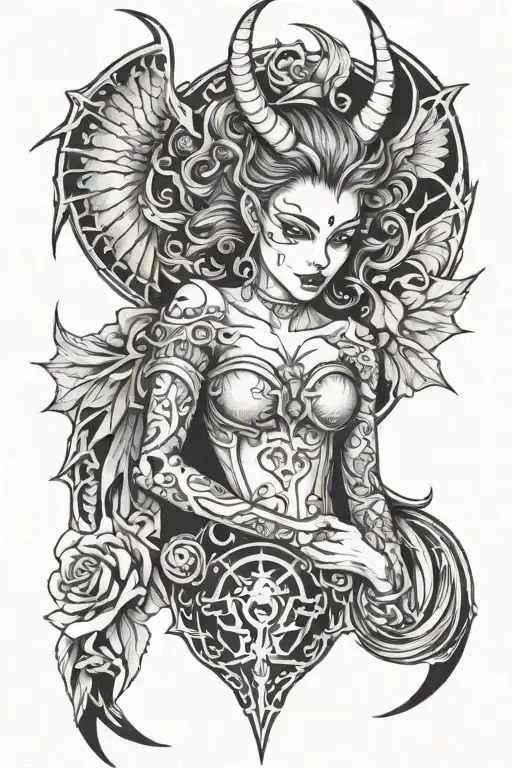 Female devil half angel tattoo design idea
