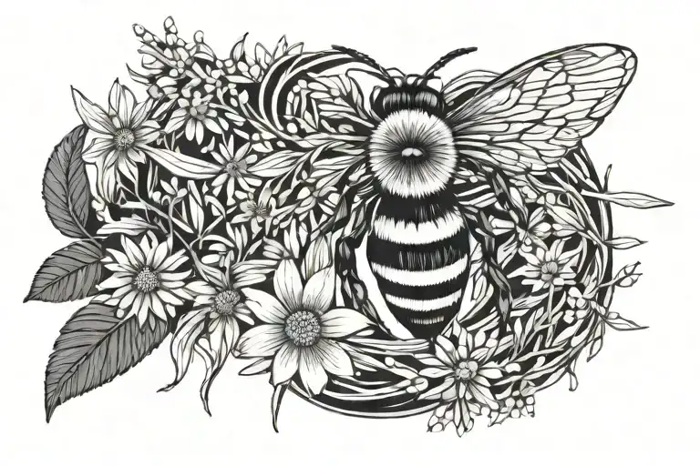 Fine line, daisy, pussy willow, dark, creepy, no colour , bee tattoo design idea