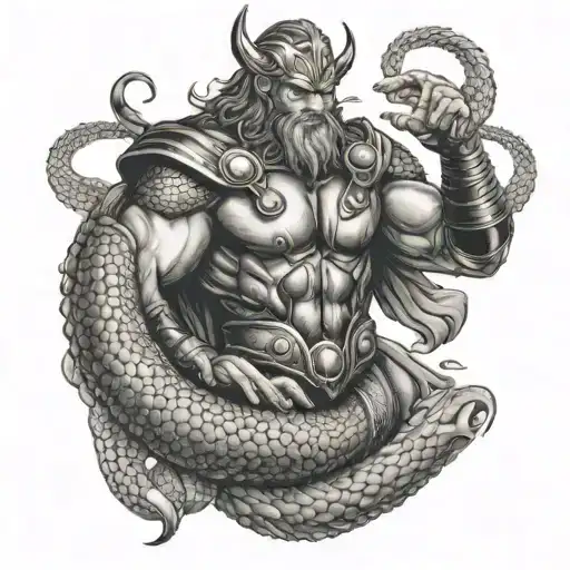 thor fighting Jörmungandr  tattoo design idea