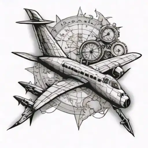 illustrative black and grey aviation/travel themed tattoo to include airplane, map, and compass on forearm tattoo design idea