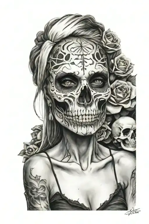 skull and woman face tattoo design idea