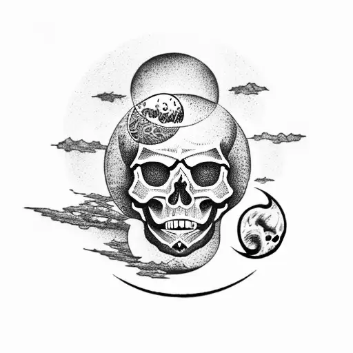 skull in palm tree with moon in background tattoo design idea