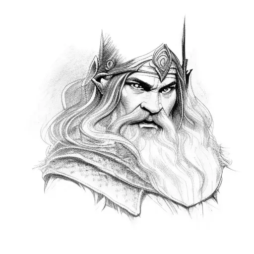 background patterns of dwarves from the Lord of the rings, in the foreground a portrait of a beautiful elf, at the botto tattoo design idea