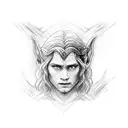 background patterns of dwarves from the Lord of the rings, in the foreground a portrait of a beautiful elf, at the botto tattoo design idea