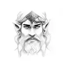 background patterns of dwarves from the Lord of the rings, in the foreground a portrait of a beautiful elf, at the botto tattoo design idea