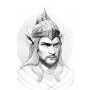 background patterns of dwarves from the Lord of the rings, in the foreground a portrait of a beautiful elf, at the botto tattoo design idea