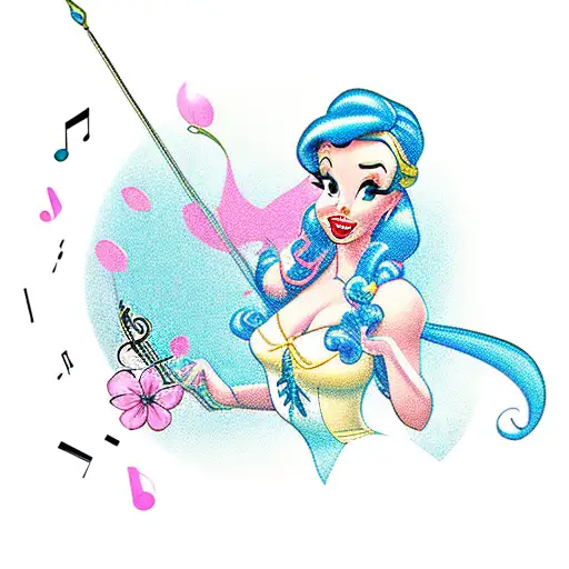 A pin-up girl with a Disney princess twist, surrounded by musical notes and Japanese cherry blossoms tattoo design idea