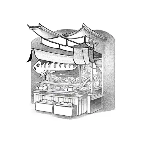 A traditional Japanese food stall with a tattooed mermaid serving sushi tattoo design idea