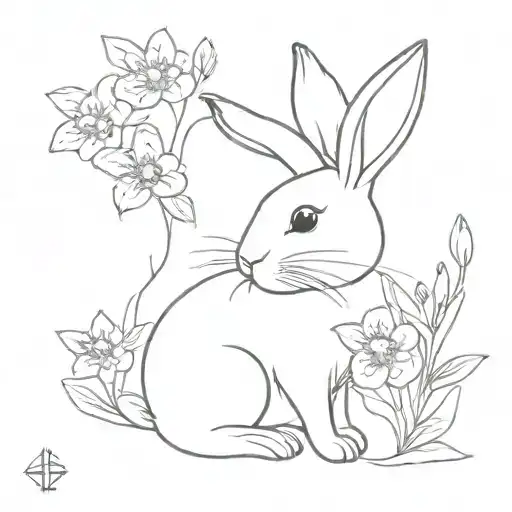 A little bunny sits surrounded by flowers tattoo design idea