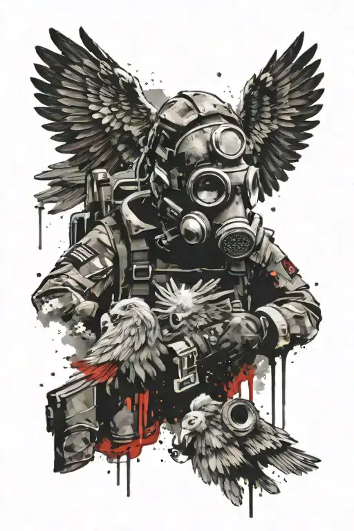polish jw grom soldier wearing a gas mask with the polish eagle as the background  tattoo design idea