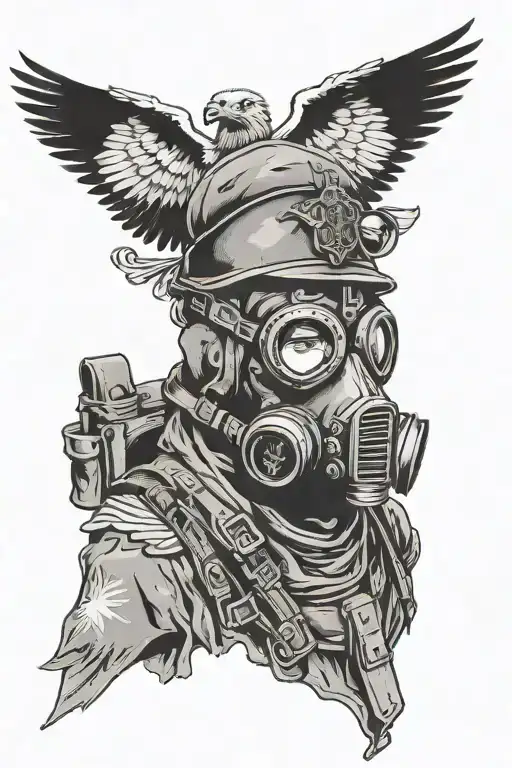 polish jw grom soldier wearing a gas mask with the polish eagle as the background  tattoo design idea