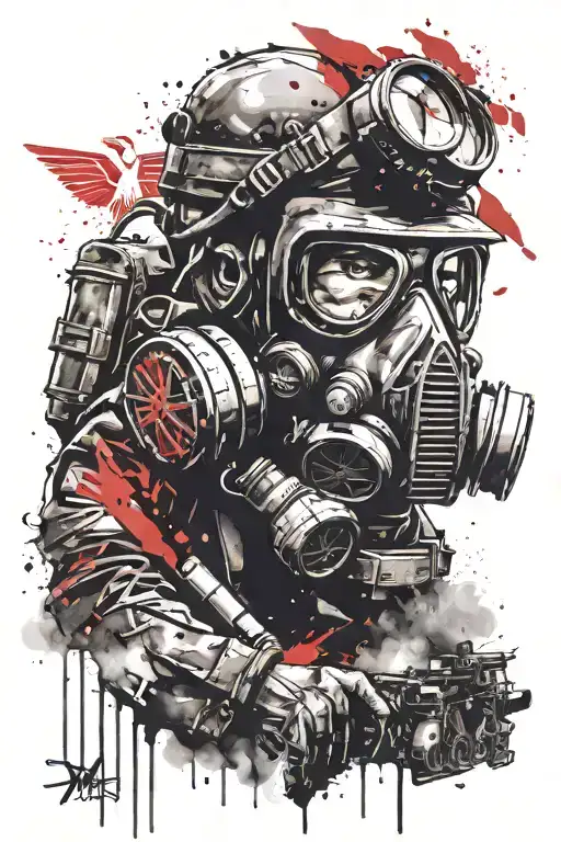 polish jw grom soldier wearing a gas mask with the polish eagle as the background  tattoo design idea