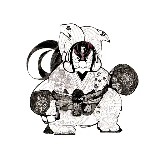 A blackwork tattoo of a fierce anime game character surrounded by japan street art elements tattoo design idea