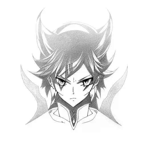 A blackwork tattoo of a fierce anime game character surrounded by japan street art elements tattoo design idea