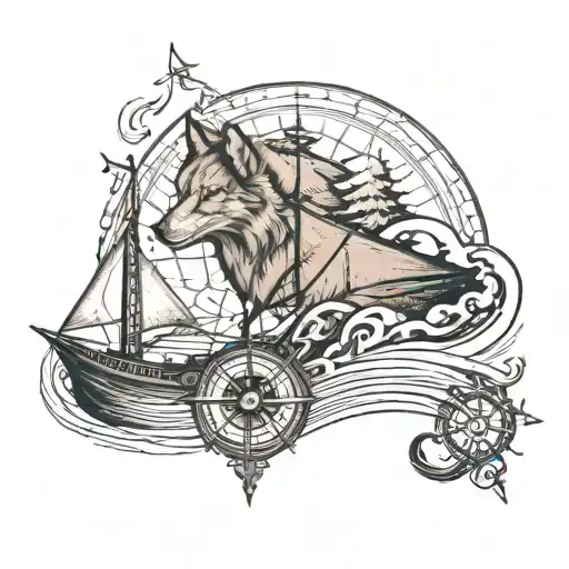 old ship, compass, half of wolf face with line, sea, tree  tattoo design idea
