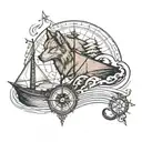old ship, compass, half of wolf face with line, sea, tree  tattoo design idea
