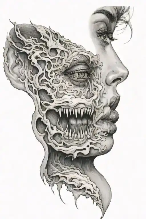 woman face split down the middle with monster as the other side of the face tattoo design idea