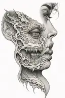 woman face split down the middle with monster as the other side of the face tattoo design idea