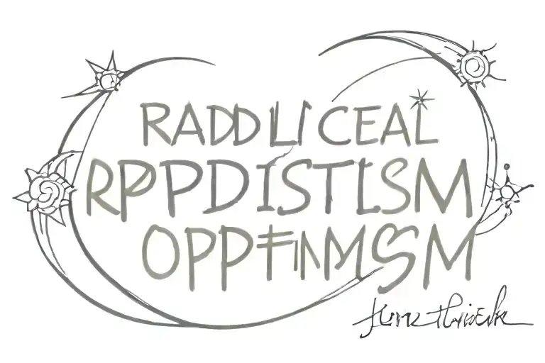 the text: "radical optimism" with a sun and moon rising tattoo design idea