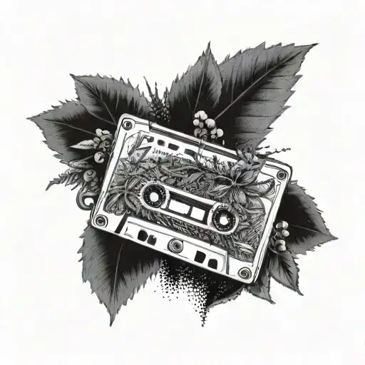 A mixtape cassette tape morphing into a native Australian plant, blending the client's passion for music and Australia tattoo design idea