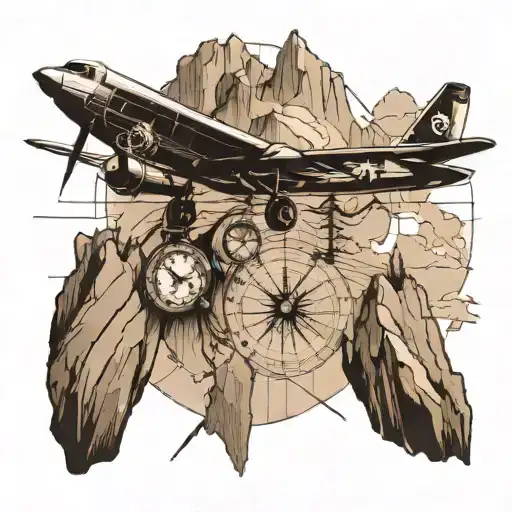 MAP, COMPASS, MOUNTAIN, PLANE flying tattoo design idea