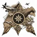 MAP, COMPASS, MOUNTAIN, PLANE flying tattoo design idea