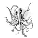 a ghostly octopus chasing a black spider, a bird perches on the horn of a ghostly stag tattoo design idea