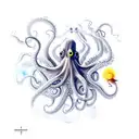 a ghostly octopus chasing a black spider, a bird perches on the horn of a ghostly stag tattoo design idea