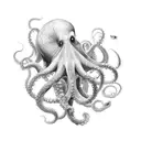 a ghostly octopus chasing a black spider, a bird perches on the horn of a ghostly stag tattoo design idea