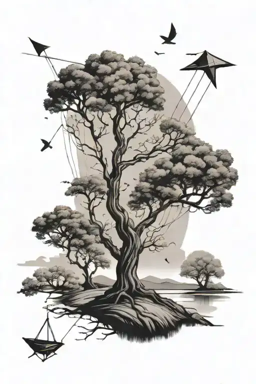 tree and kite lines tangled tattoo design idea