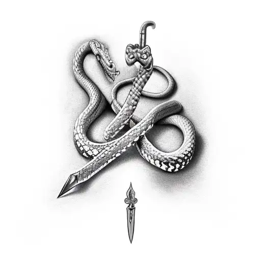 hand holding dagger with snake wrapping up and around the hand and dagger tattoo design idea