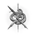 hand holding dagger with snake wrapping up and around the hand and dagger tattoo design idea