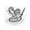 hand holding dagger with snake wrapping up and around the hand and dagger tattoo design idea