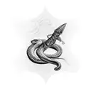 hand holding dagger with snake wrapping up and around the hand and dagger tattoo design idea