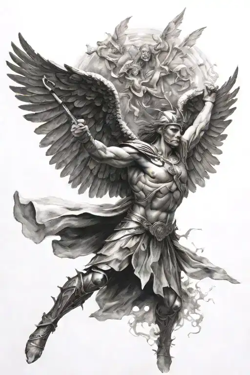  Black and gray realism style tattoo, unarmed warrior archangel, flying upwards meeting god tattoo design idea