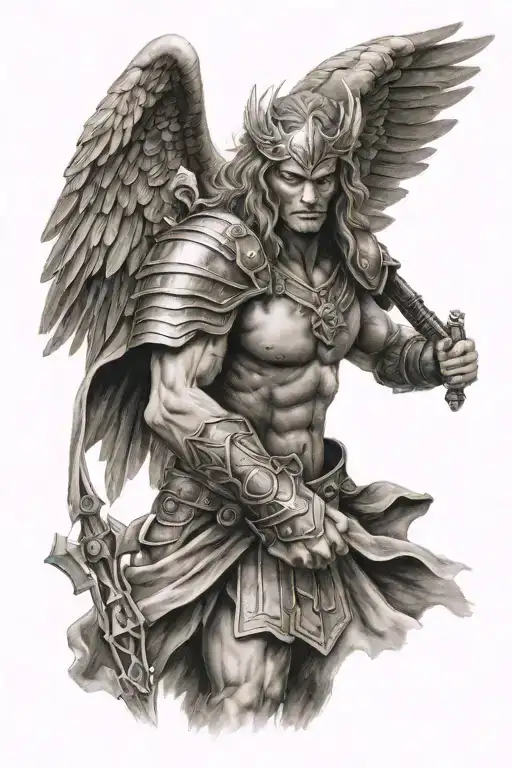  Black and gray realism style tattoo, weaponless warrior archangel, upper part of the forearm tattoo design idea