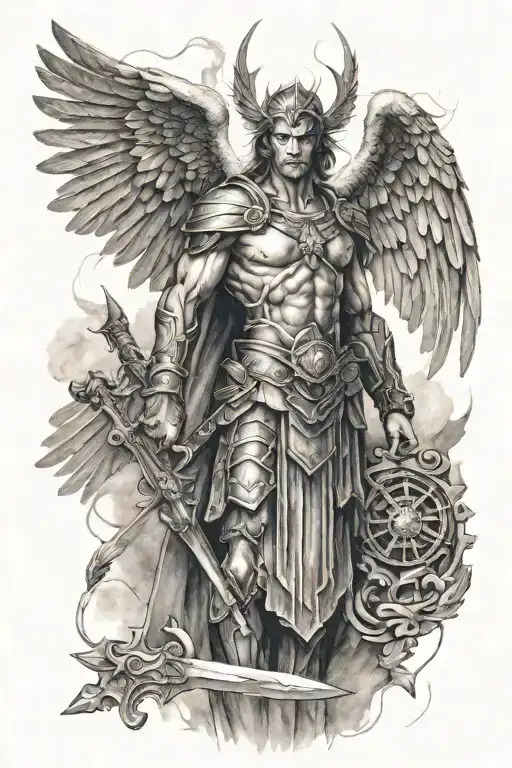  Black and gray realism style tattoo, weaponless warrior archangel, upper part of the forearm tattoo design idea