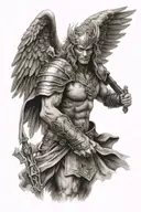  Black and gray realism style tattoo, weaponless warrior archangel, upper part of the forearm tattoo design idea